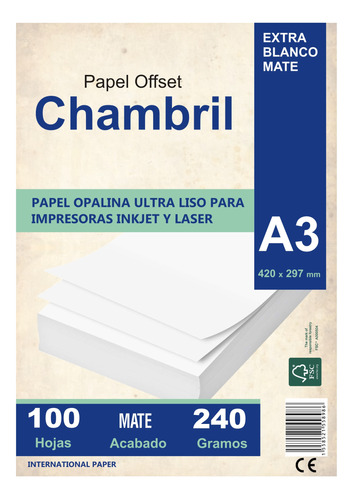 Papel Opalina A3 Grueso 240gr X100 Mate Chambril Inkjet Lasr