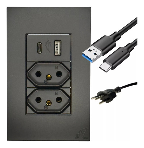 Tomada Dupla Usb Tipo C Com Espelho Parede Universal Bivolt