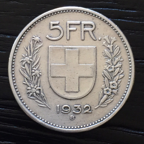 Moeda Suíça - 5 Francos Prata 1932 B (Usado)