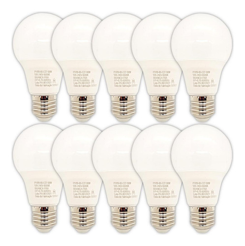 Kit 10 Lâmpada Led Bulbo Branco Frio 9w Bivolt 6500k