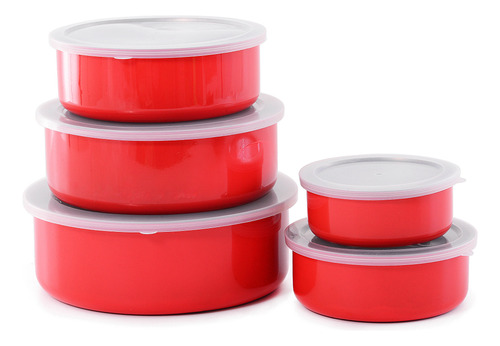 Jogo 5 Potes Tigela Inox Com Tampa Hermético Redondo Cores Cor Vermelho