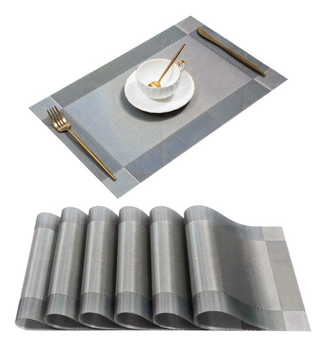Mantel Individual De Pvc Para La Mesa Lavable 10 Piezas Color Silver & Black