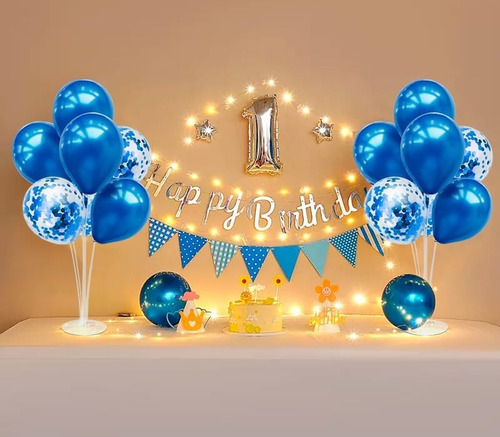 Centro De Mesa Globos Chrome Azul Y Plateado + Cristal X 8un