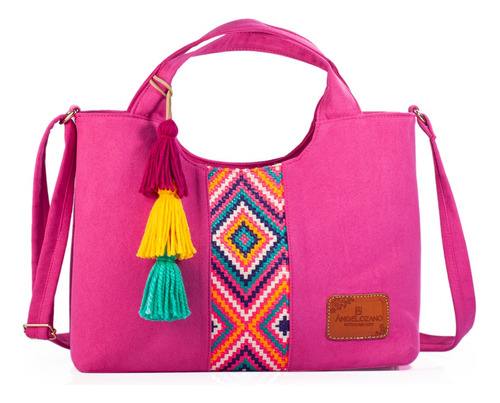 Bolso Elaborado En Textil Durazno Con Detalles Sublimados Acabado de los herrajes Izamal Color Fucsia Diseño de la tela Izamal fiusha