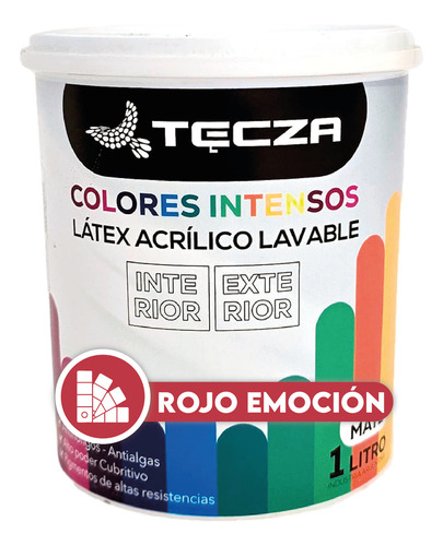 Pintura Latex Rojo Emocion Lavable 1 Litro. Tecza, Linea Colores Intensos Preparados Apto Interior Y Exterior, Acabado Mate.