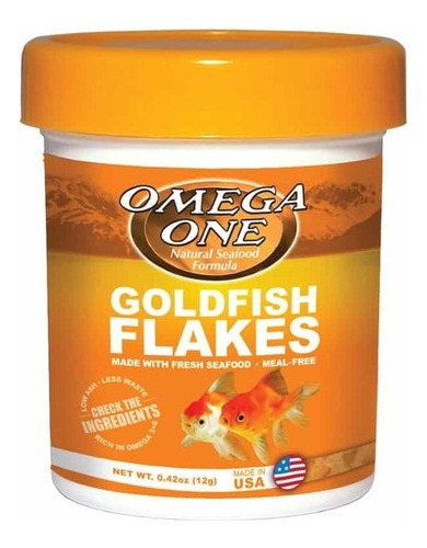 Omega One goldfish flakes 12g alimento para peces dorados bailarinas en hojuelas a base de salmón arenque y camaron rico en omega 3 y 6 fácil digestión
