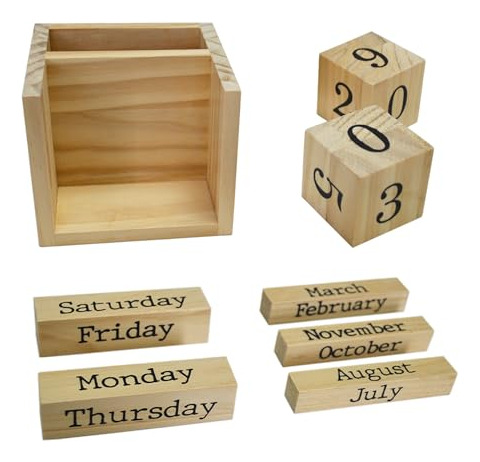 Calendario Perpetuo De Bloques De Madera Con Portalápiz
