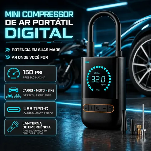 Compressor De Ar Digital Mini 12v Portátil Com Lanterna Led Para ...