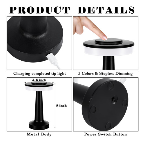 Riakrum Lámpara De Mesa De Metal Portátil Led Con Sensor