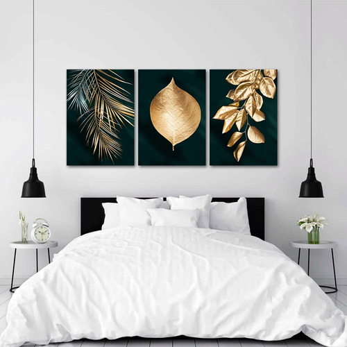 Imagem 2 de 7 de Quadros Decorativos Folhagem Dourado Gold Ouro Sala Luxo