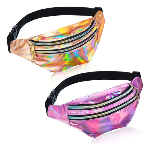 Cangurera Holográfica De Color Metálico, 2 Color Oro Rosa Y Rosa Diseño De La Tela Metalico