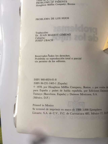 Libro Problemas De Los Hijos Dr. Spock Ed. Daimon 266 Pág. (Usado)