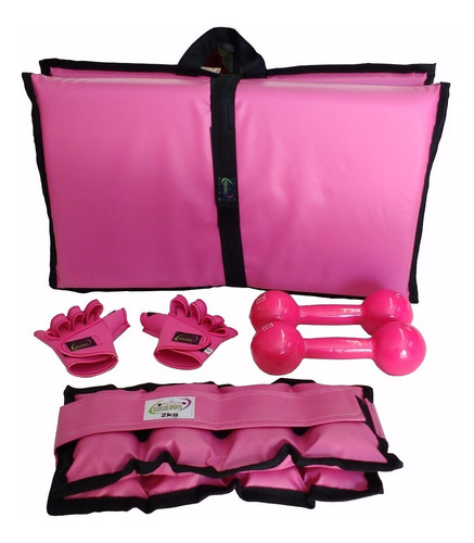 Kit Tornozeleira 2kg + Colchonete + Halteres 2kg + Luva Rosa