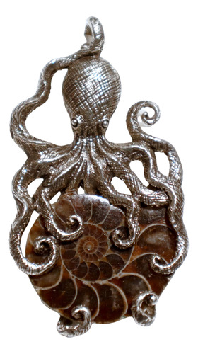 Gran Dije Pulpo Con Ammonite Fosil Plata 925 Diseño Especial