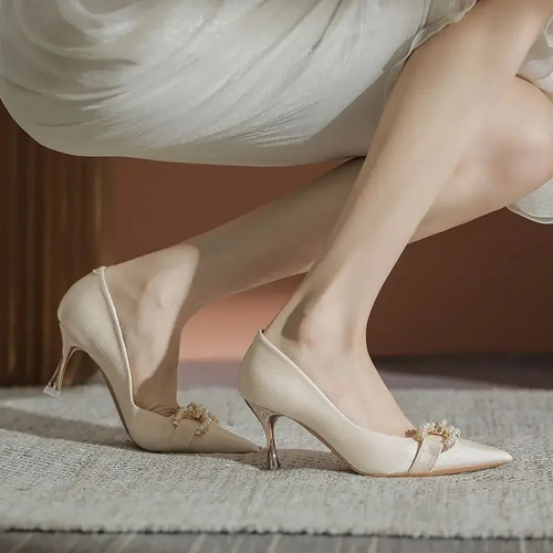 Zapatos De Boda Con Cuentas De Perlas Para Mujer, Tacón Bajo