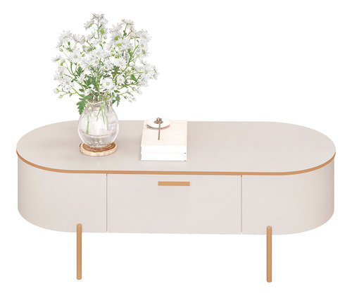 Mesa De Centro Bento Com 1 Gaveta Pés Metálicos Dourados Cor Off white