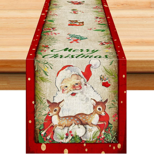 Vintage Christmas Table Runner Xmas Holiday Santa Claus Kitc