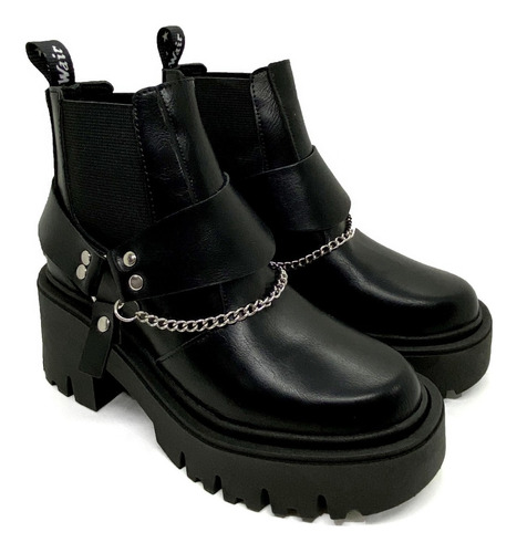 Bota Botineta Borcego Mujer Taco 8 Cm Estribo Cadena 2 En 1