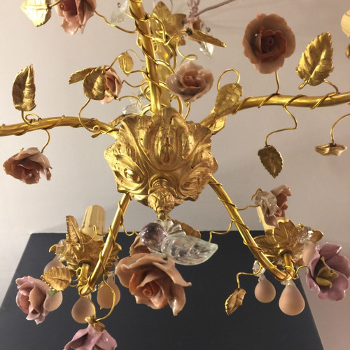 Antigua Araña Francesa Rococo Flores De Porcelana 5 L 1930 (Usado)