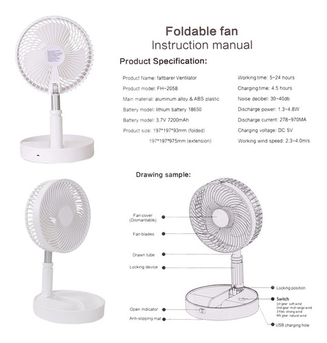 G Ventilador Loread, Portátil, Recargable, Ajustable, Usb