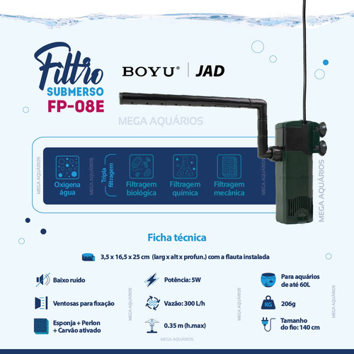Filtro Submerso Boyu Jad Fp-08 300l/h Com Carvão Ativado