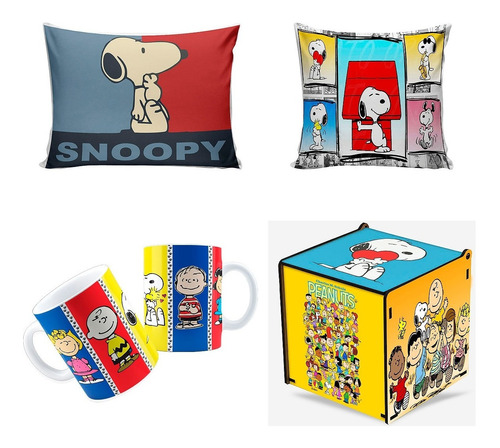 Kit Turma Do Snoopy 2 Almofadas 1 Caneca E 1 Caixa Mdf