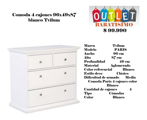 Comoda 4 Cajones 96x49x87 Blanco