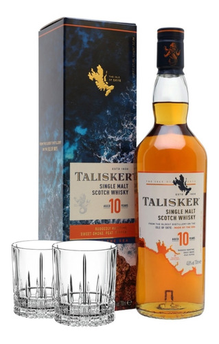 Imagen 1 de 10 de Whisky Talisker 10 Años 750ml + 2 Vasos Spiegelau De Cristal