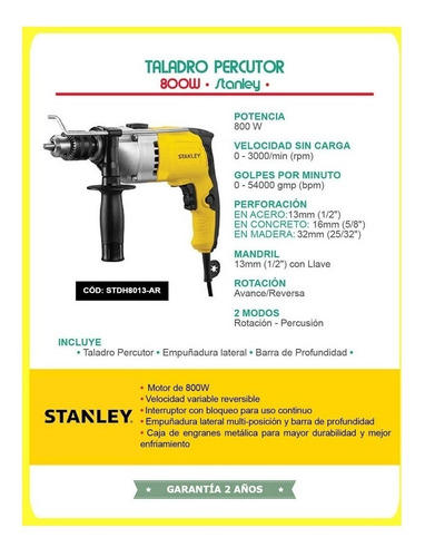 Imagen 4 de 5 de Taladro Percutor Stanley Vel Variable 800w 13mm Stdh8013