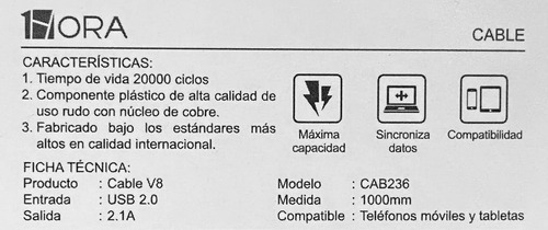 Cable Micro Usb V8 Negro 1hora Cab236 Usb
