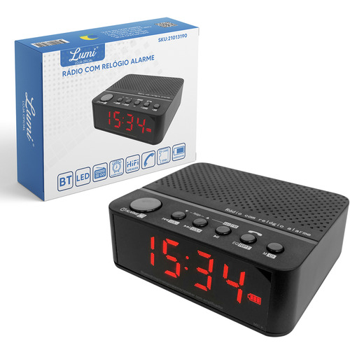 Caixa De Som Rádio Relógio Duplo Despertador Fm Bluetooth Cor Preto Lumi