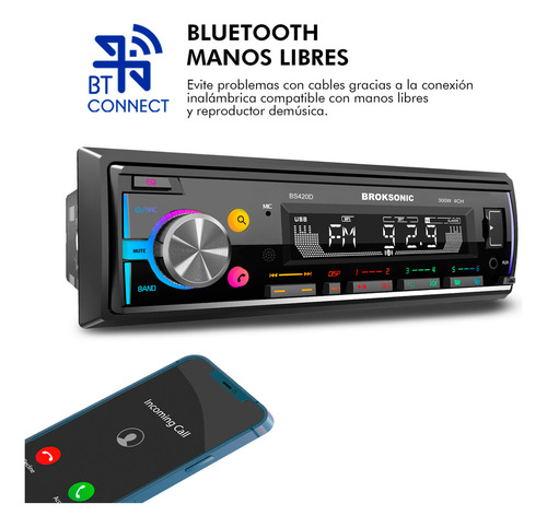 Autoestereo Desmontable 1 DIN Desmontable 75W x 4 Bocinas 6.5 Pulgadas Bluetooth Auxiliar 3 vias Iluminación Multicolor Función Graba tus llamadas Ecualizador Broksonic Bs-420d65