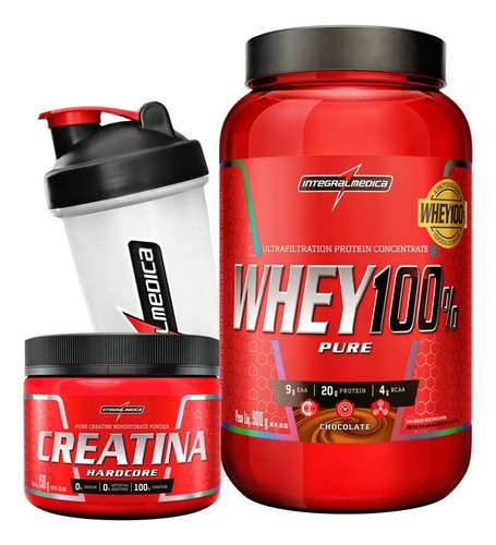 Combo Whey 100% Pure 907g (pt) Creatina 150g Integral Médica Sabor Chocolate