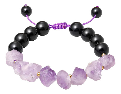 Pulsera De Cristal De Amatista En Bruto De Cuarzo Negro Xhuu