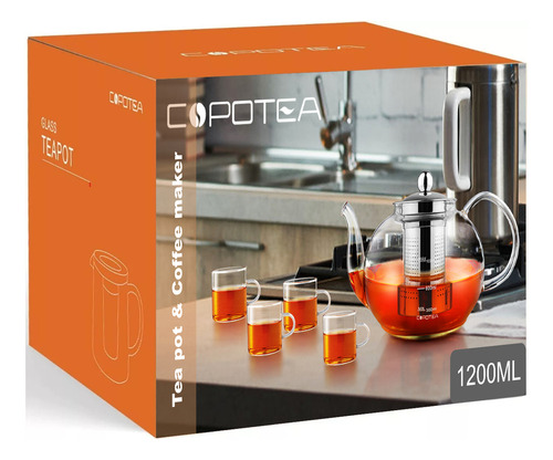 Juego Vidrio Tetera De Té O Café Con 4 Tazas Y Filtro 1200ml