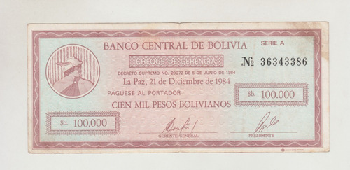 Billete Cheque Gerencia 100000 Bolivianos 1984 (c85)