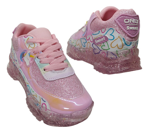 Tenis Focos Niña Choclo Led Corazones Suela Glitter Moda 