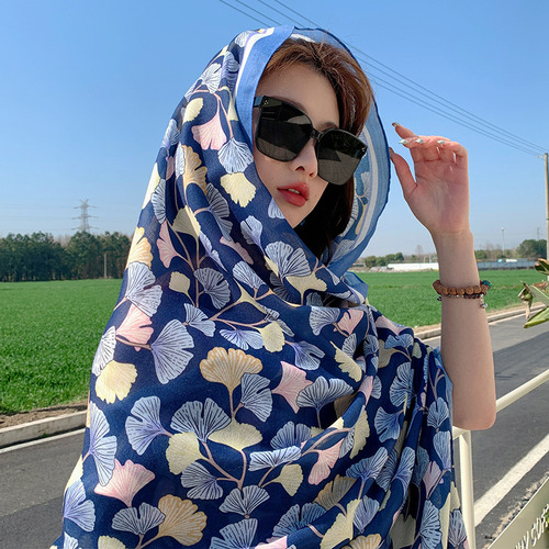 Ginkgo Leaves Navy Blue - 185*90cm - Breathable Cotton-linen