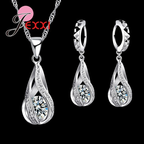 Aretes Colgantes + Collar Y Dije De Gota Plata De Ley 925