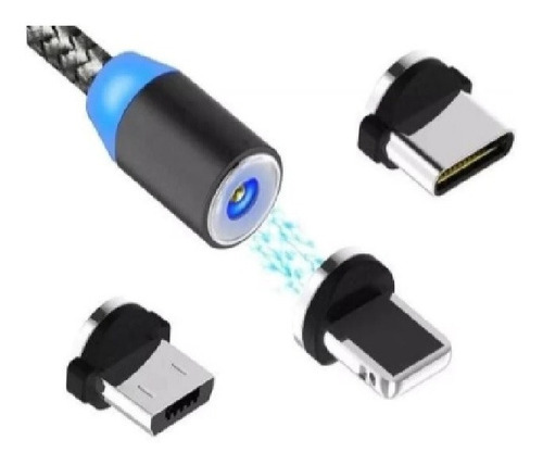 Cable Magnetico 3 En 1 Micro Usb Tipo C Lightning Para Ipho Color Negro Negro