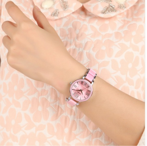 Relógio Feminino Time100, Rosa Simulado Pulseira De Cerâmica