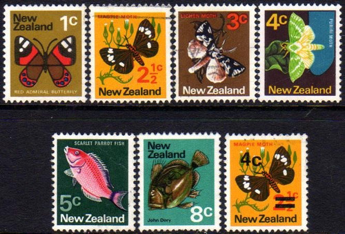 Nueva Zelanda Serie X 7  Sellos Fauna, Mariposas, Peces 1970