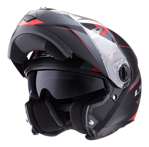 Casco Ls2 Rebatible 370 Stripe Neg/roj Doble Vis Avant Motos