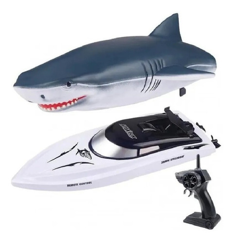 Barco Lancha 2 Em 1 Tubarão Shark Controle Remoto P. Cor Preto/branco