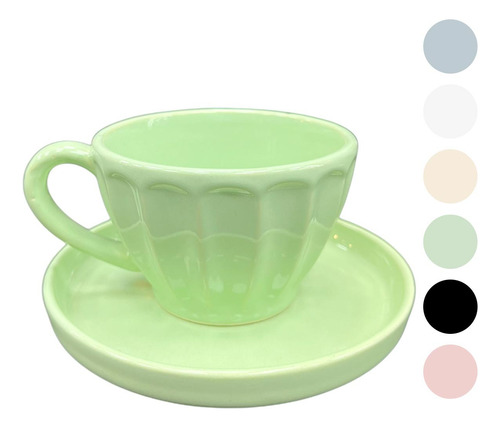 Taza Multifuncion Ceramica Vintage Vainilla 300ml + Plato Gris Azulado