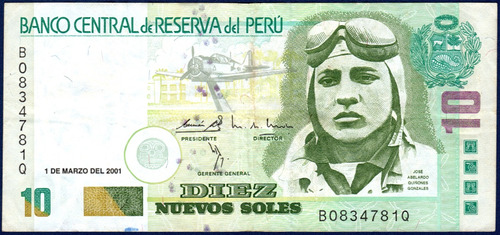 10 Nuevos Soles 01 3 2001 Billete D Perú José Quiñones Avión