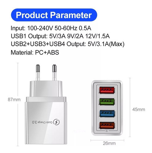 Tomada Carregador Turbo 4 Portas Usb 3.0 Quick Charge