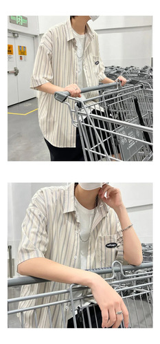 Camisa De Manga Corta A Rayas Para Hombre, Estilo Casual Hip