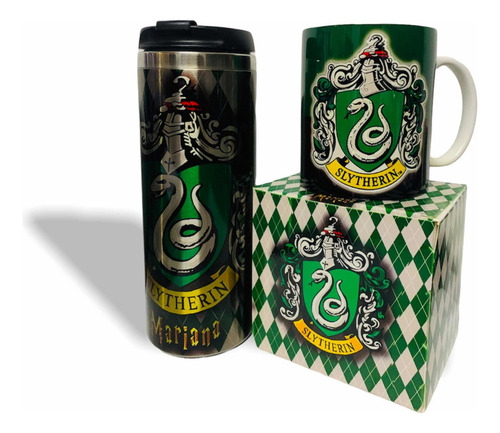 Termo + Taza Harry Potter Casa Slytherin Color Verde Oscuro