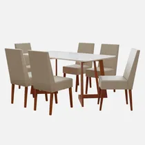 Comprar Juego De Comedor Madera Mesa + 6 Sillas Tapizadas Lcm Color Beige Diseño de la tela de las sillas Liso